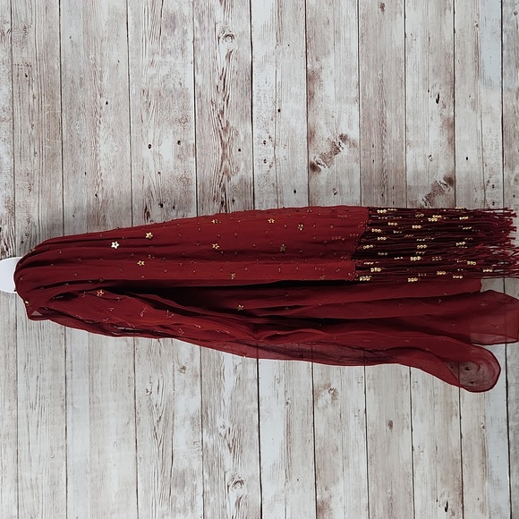 Fashion Scarf, Red with gold hardware and fringes, 70" long. - Picture 6 of 6